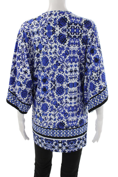 Nanette Lepore Women Kaftan Floral Blue V-Neck Lace Up 3/4 Sleeve Size M
