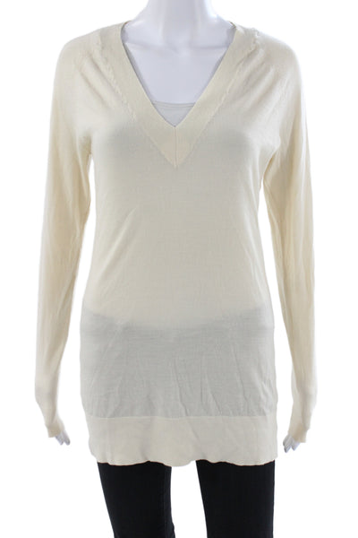 Theory Women Pullover V-Neck Long Sleeve Wool Sweater Ivory Size S