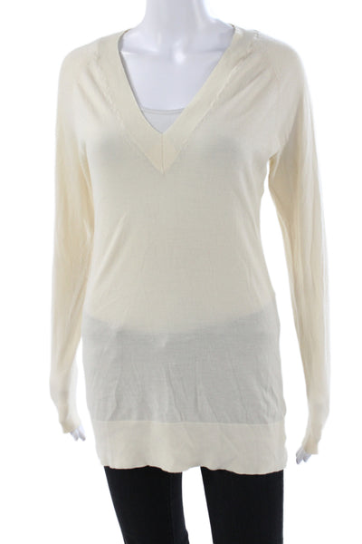 Theory Women Pullover V-Neck Long Sleeve Wool Sweater Ivory Size S