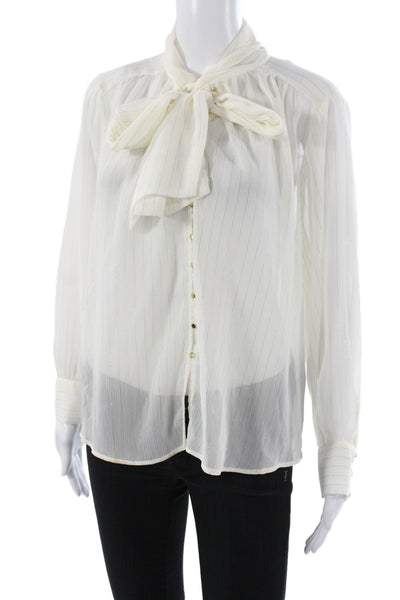 Zara Women Bohemian Striped Collared Long Sleeve Blouse White Size M