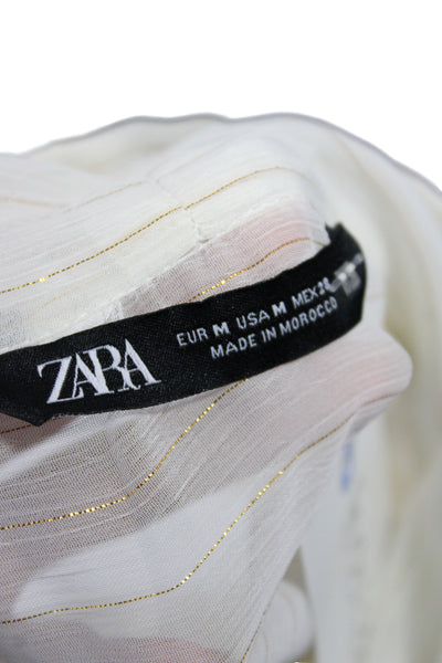 Zara Women Bohemian Striped Collared Long Sleeve Blouse White Size M
