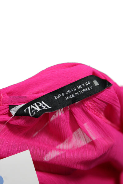 Zara Womens Sheer Solid Long Sleeve Round Neck Shirt Pink Size S