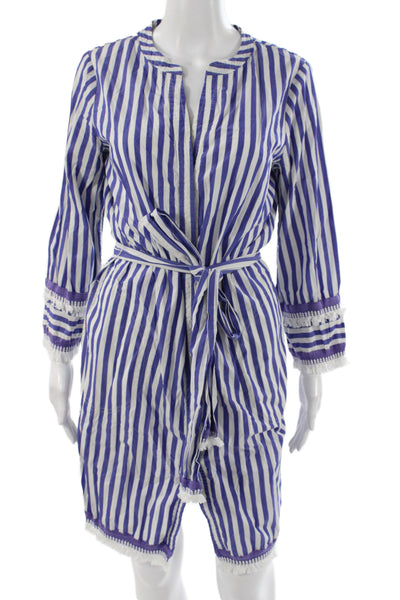 J Crew Womens Blue Striped Cotton V Neck Shirt Dress Long Sleeve Tie Size 6