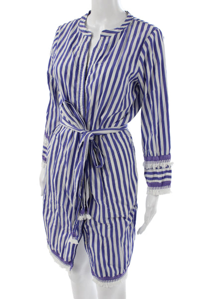 J Crew Womens Blue Striped Cotton V Neck Shirt Dress Long Sleeve Tie Size 6