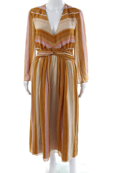 Joie Womens Maxi Silk V-Neck Long Sleeve Brown Striped Boho Dress Size 6