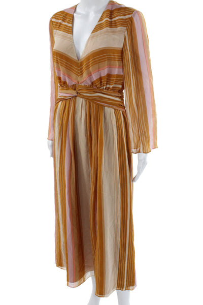 Joie Womens Maxi Silk V-Neck Long Sleeve Brown Striped Boho Dress Size 6