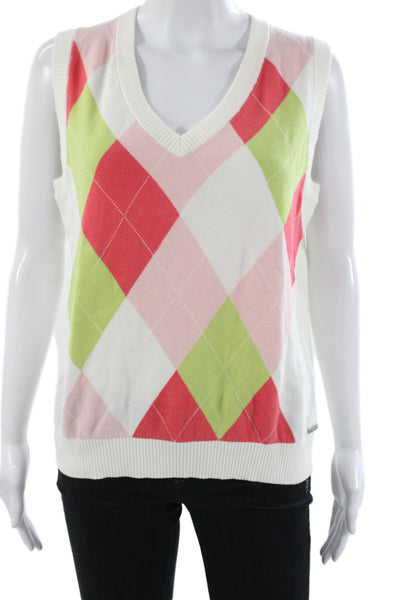 Lija Womens Argyle V-Neck Sweater Vest White 60% Cotton Size XL