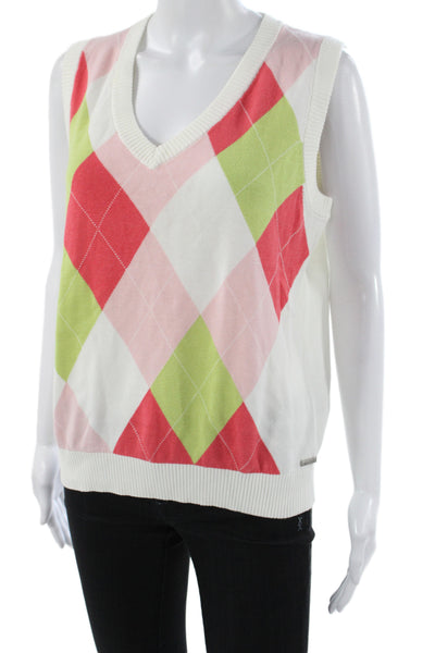 Lija Womens Argyle V-Neck Sweater Vest White 60% Cotton Size XL