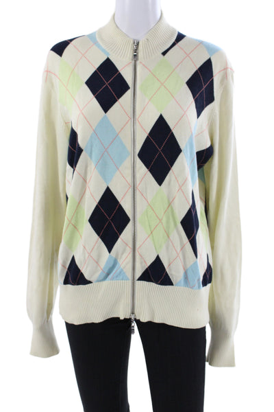 Bobby Jones Women Argyle Cotton Mock Neck Cardigan Blue Long Sleeve Size XL