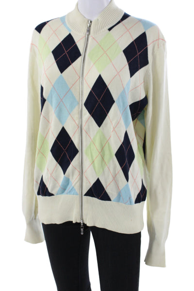 Bobby Jones Women Argyle Cotton Mock Neck Cardigan Blue Long Sleeve Size XL