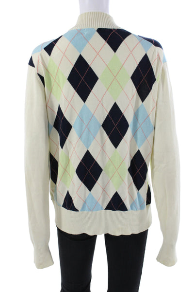 Bobby Jones Women Argyle Cotton Mock Neck Cardigan Blue Long Sleeve Size XL