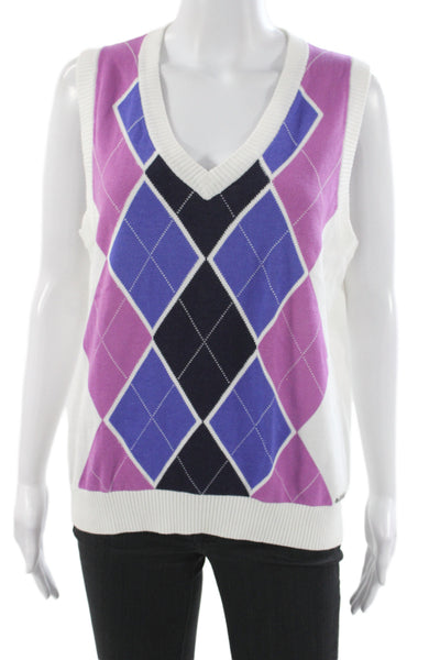 Lija Womens Argyle V Neck Sweater Vest White Sleeveless Size XL