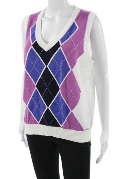 Lija Womens Argyle V Neck Sweater Vest White Sleeveless Size XL