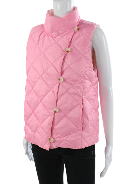 J. Mclaughlin Womens Pink Puffer Vest Argyle Nylon Button Size S