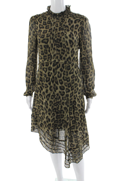 Ba&Sh Women Shift Dress Brown Leopard High Neck Long Sleeve Midi Viscose Size 6