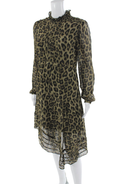Ba&Sh Women Shift Dress Brown Leopard High Neck Long Sleeve Midi Viscose Size 6