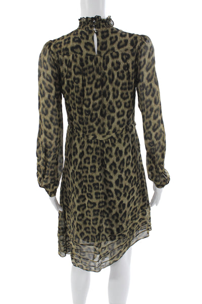 Ba&Sh Women Shift Dress Brown Leopard High Neck Long Sleeve Midi Viscose Size 6