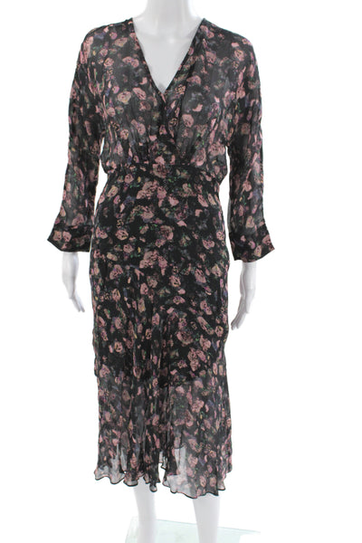 IRO Womens Wrap Dress Black Floral V-Neck Long Sleeve Full Length Size 36