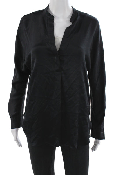 Vince Women Shirt Black Silk Long Sleeve Round Neck Solid Size XS