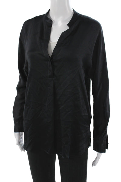 Vince Women Shirt Black Silk Long Sleeve Round Neck Solid Size XS