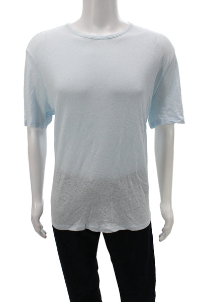 Vince Mens Basic Blue Linen Blend Crew Neck Short Sleeve T-Shirt Size L