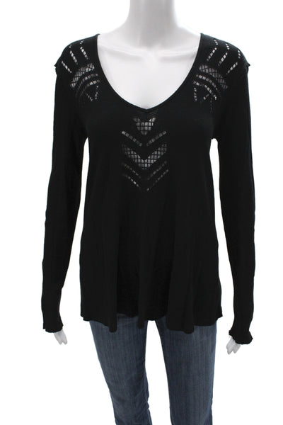We The Free Women Black Embellished Tee Scoop Neck Long Sleeve Size S