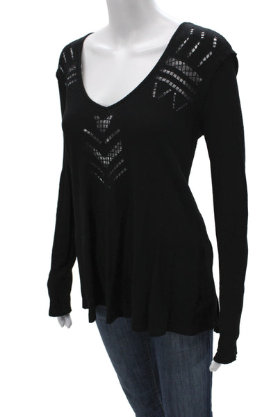 We The Free Women Black Embellished Tee Scoop Neck Long Sleeve Size S