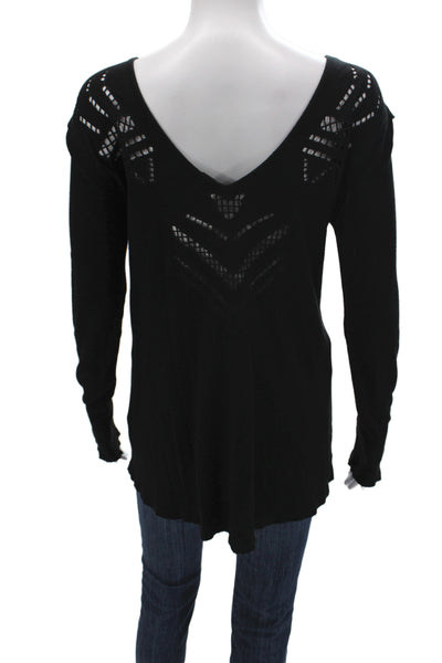 We The Free Women Black Embellished Tee Scoop Neck Long Sleeve Size S