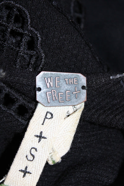 We The Free Women Black Embellished Tee Scoop Neck Long Sleeve Size S