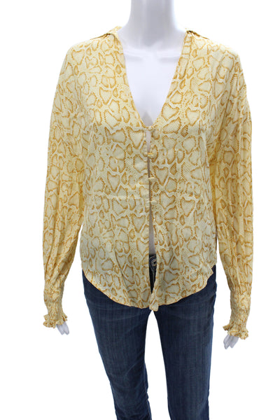 Faithfull The Brand Womens Animal Print V-Neck Rayon Shirt Long Sleeve Size 2