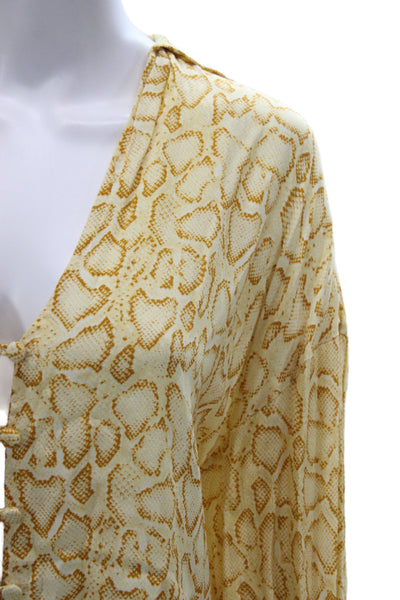 Faithfull The Brand Womens Animal Print V-Neck Rayon Shirt Long Sleeve Size 2