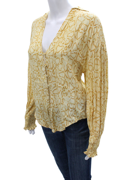 Faithfull The Brand Womens Animal Print V-Neck Rayon Shirt Long Sleeve Size 2