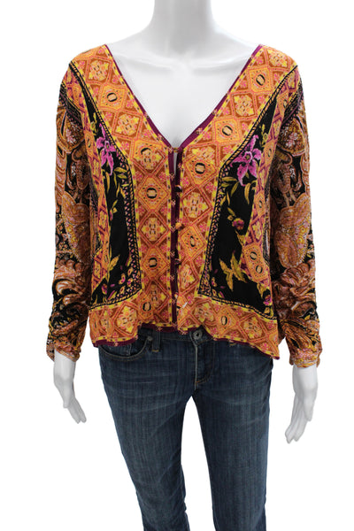 Free People Womens Floral V-Neck Viscose Long Sleeve Shirt Size S