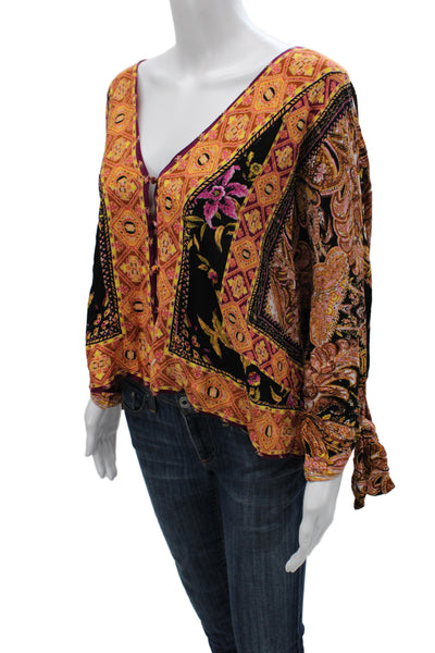 Free People Womens Floral V-Neck Viscose Long Sleeve Shirt Size S