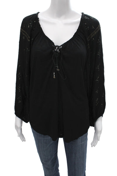 Free People Womens Black Rayon Long Sleeve Geometric Blouse Size M