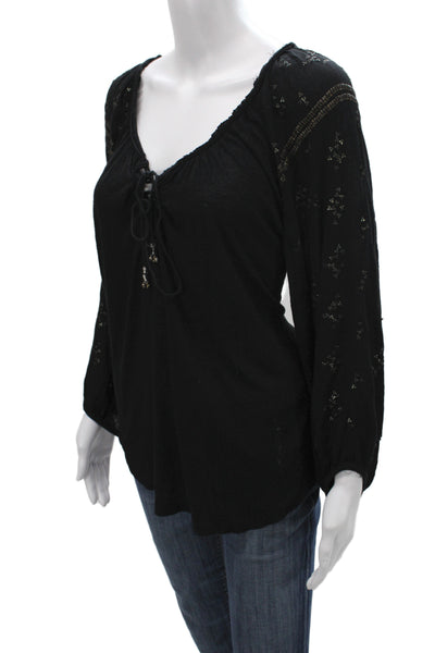 Free People Womens Black Rayon Long Sleeve Geometric Blouse Size M