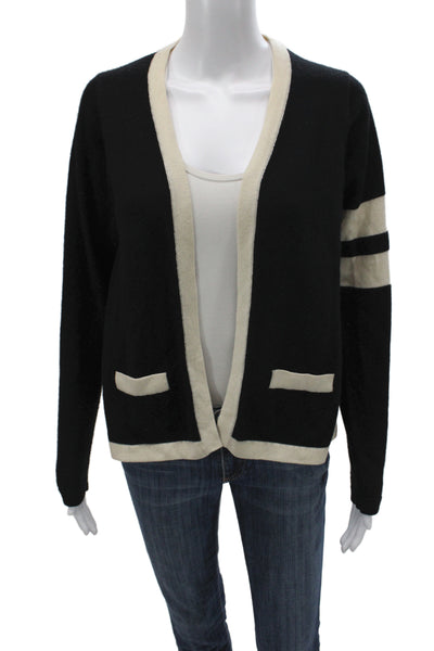 Minnie Rose Womens Black Striped Cashmere V Neck Cardigan Size M