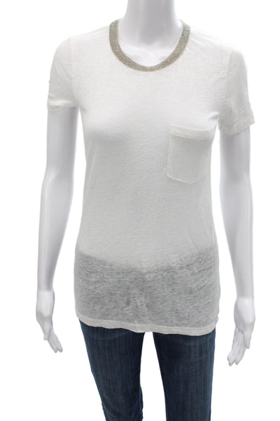 J Crew Women Beaded Linen Short Sleeve Basic T-Shirt White Round Neck Size 2XS