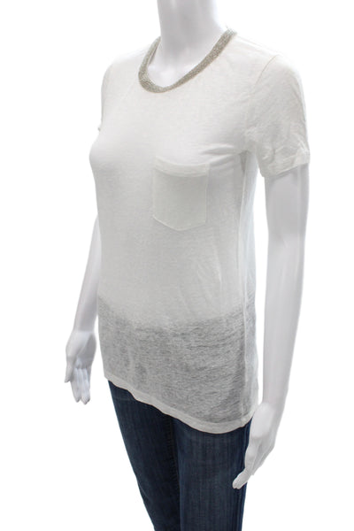J Crew Women Beaded Linen Short Sleeve Basic T-Shirt White Round Neck Size 2XS