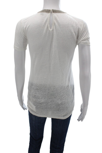 J Crew Women Beaded Linen Short Sleeve Basic T-Shirt White Round Neck Size 2XS
