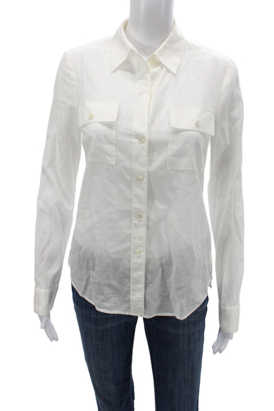 Theory Women White Cotton Collared Button-Up Long Sleeve Top Size S