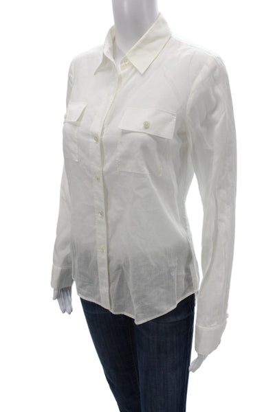 Theory Women White Cotton Collared Button-Up Long Sleeve Top Size S