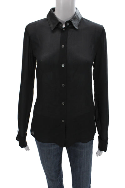 Elizabeth & James Women Black Silk Collared Long Sleeve Buttonup Blouse Size XS