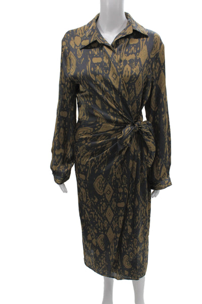 Dress Forum Women Wrap Dress Brown Long Sleeve Collared Geometric Tie Size L