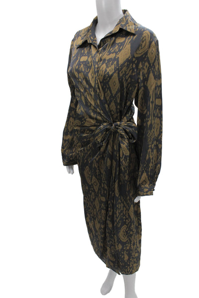 Dress Forum Women Wrap Dress Brown Long Sleeve Collared Geometric Tie Size L