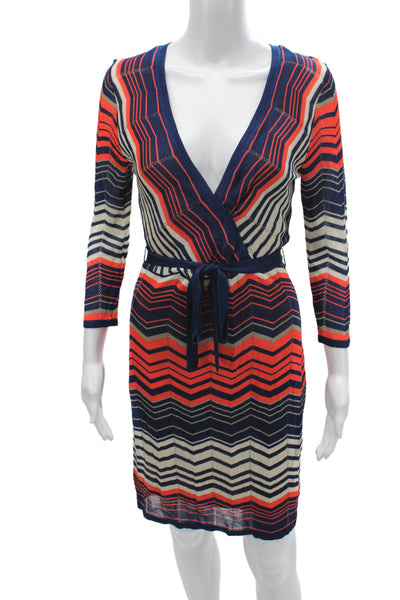 Trina Turk Women Wrap Dress Blue V-Neck 3/4 Sleeve Chevron Size S