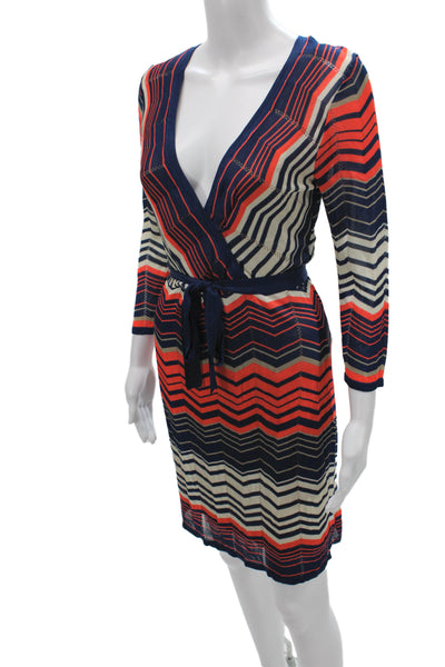 Trina Turk Women Wrap Dress Blue V-Neck 3/4 Sleeve Chevron Size S