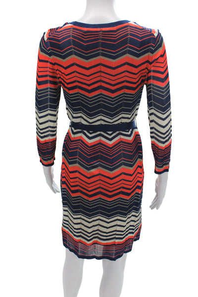 Trina Turk Women Wrap Dress Blue V-Neck 3/4 Sleeve Chevron Size S