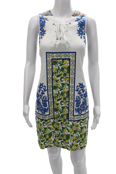 Plenty by Tracy Reese Women Blue Floral Shift Dress Henley Cotton Size S