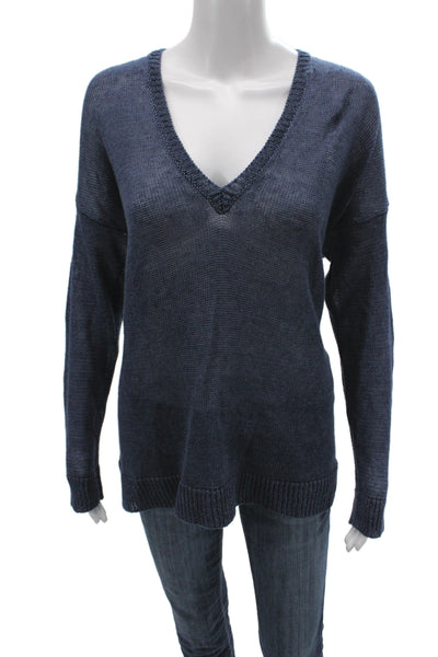 Margaret OLeary Women Blue Linen V-Neck Pullover Sweater Long Sleeve Size L